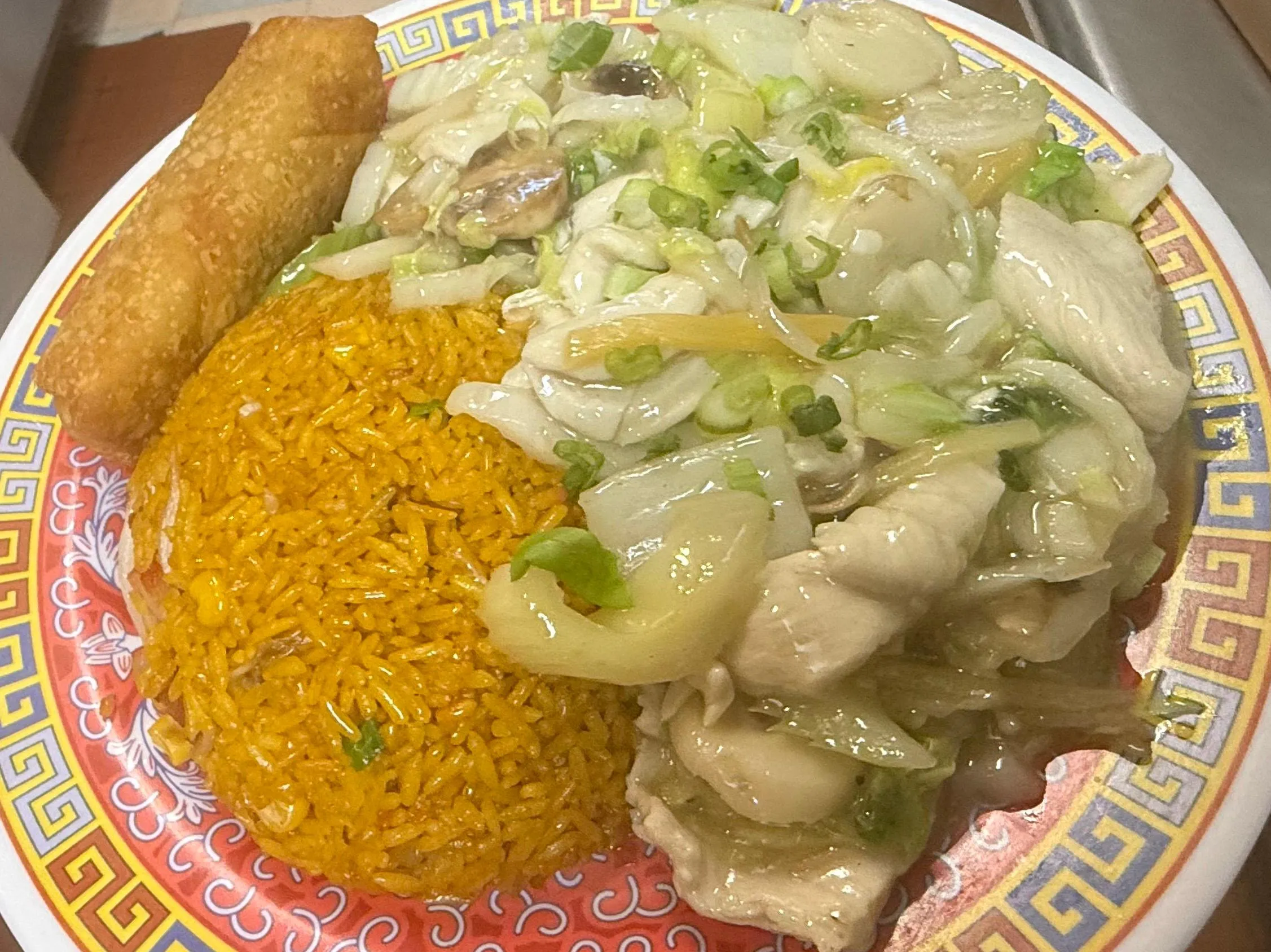 Moo goo gai pan with pork fried rice and egg roll at Lucky Garden, a Chinese Restaurant in Pekin