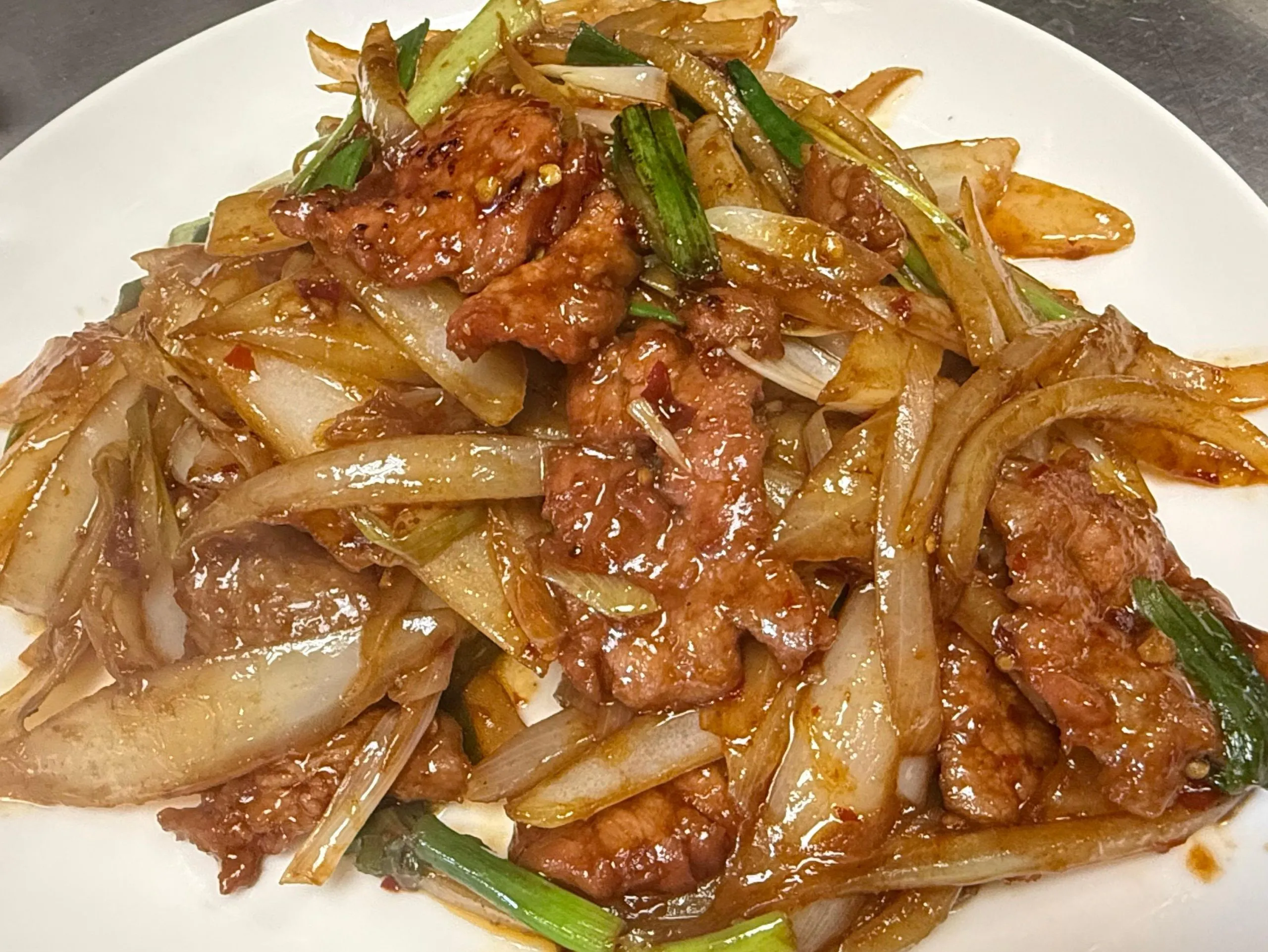 Mongolian beef with onions and scallions at Lucky Garden, a Chinese Restaurant in Pekin
